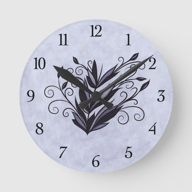 Gothic Plant Art - Black and Lila Blommigt Swirl Rund Klocka (Framsida)