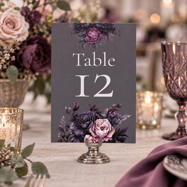 Gothic Plommon Blommig Bröllops Bordnummer Bordsnummer (Gothic Plum Floral Wedding Table Number)