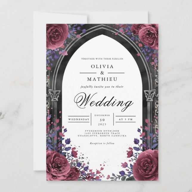 Gothic Plum Arch Floral Wedding Inbjudningar (Framsida)