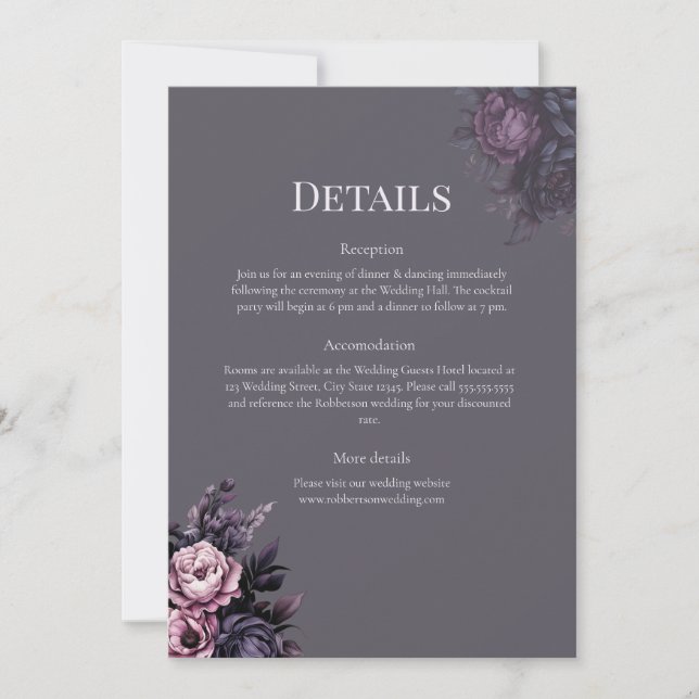 Gothic Plum Floral Wedding Details Card Inbjudningar (Framsida)