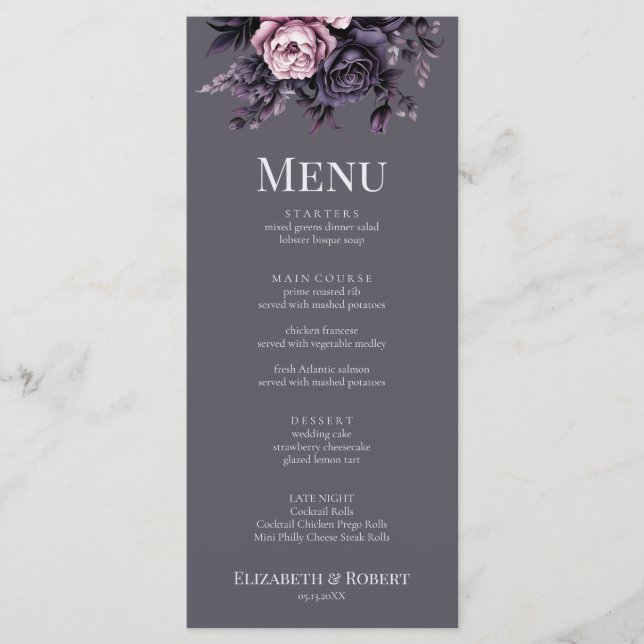Gothic Plum Floral Wedding Menu Meny (Framsida)