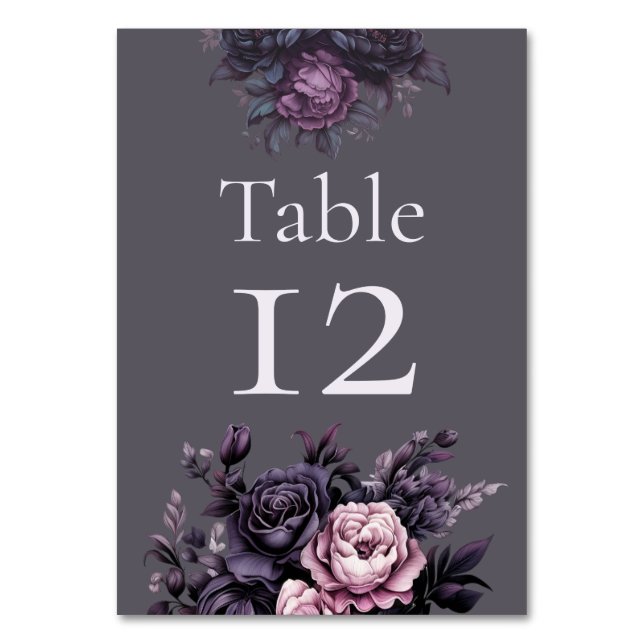 Gothic Plum Floral Wedding Table Number Bordsnummer (Framsidan)