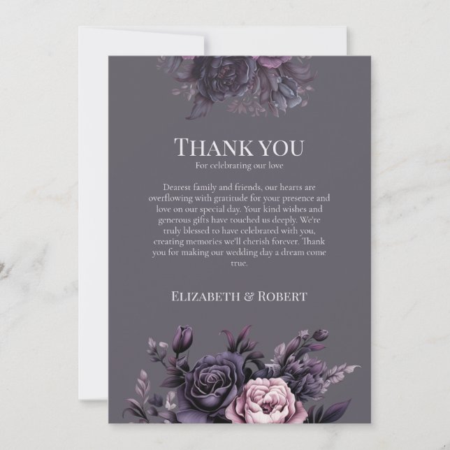 Gothic Plum Floral Wedding Thank You Card Tack Kort (Framsida)
