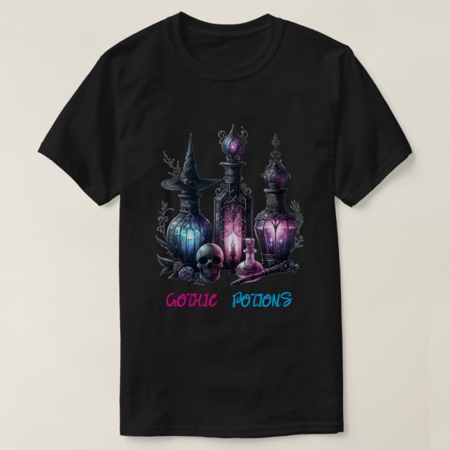 Gothic Potion Bottles T-Shirt | Mörk Fantasy & Kvi (Design framsida)