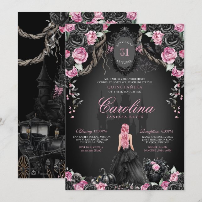 Gothic Princess Halloween Rosa Black Quinceanera Inbjudningar (Fram/baksida)