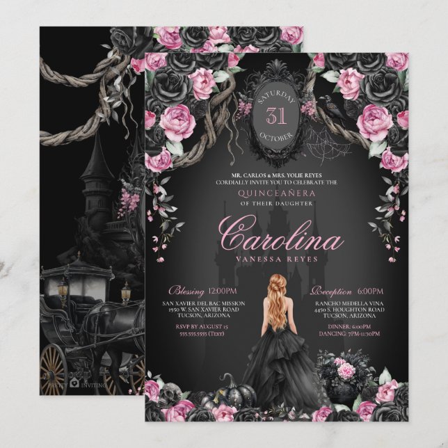 Gothic Princess Halloween Rosa Black Quinceanera Inbjudningar (Fram/baksida)
