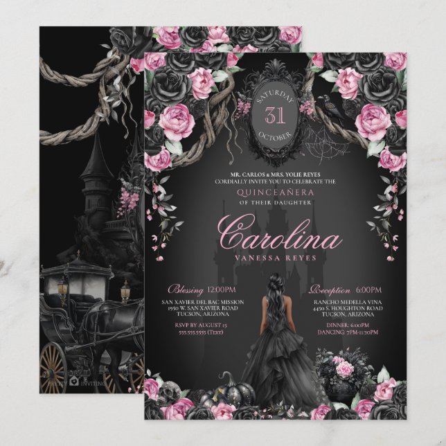 Gothic Princess Quinceañera Black & Rosa Halloween Inbjudningar (Fram/baksida)
