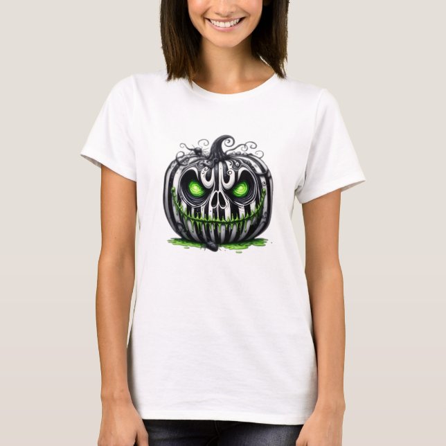 Gothic Pumpkin Skull Halloween T-Shirt (Framsida)