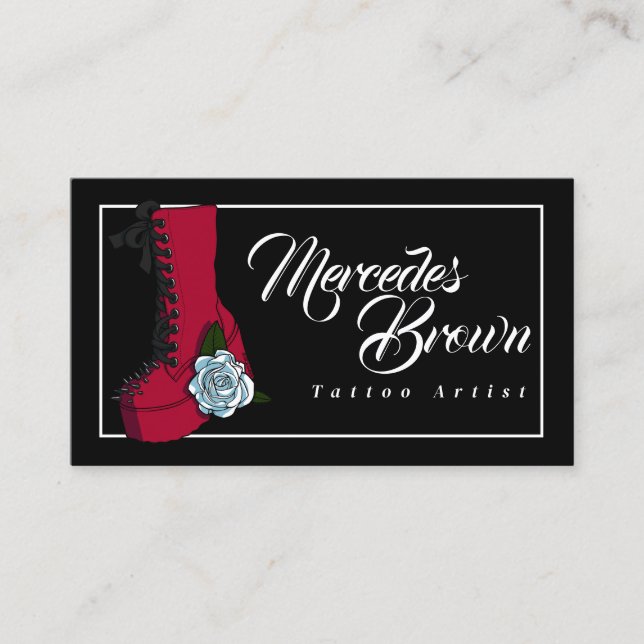 Gothic Punk Boot Rose Black Tattoo Artist Visitkort (Framsida)