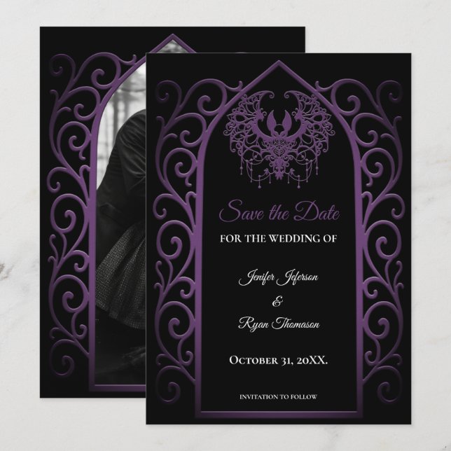 Gothic purple border wedding save the dat meddelande (Fram/baksida)