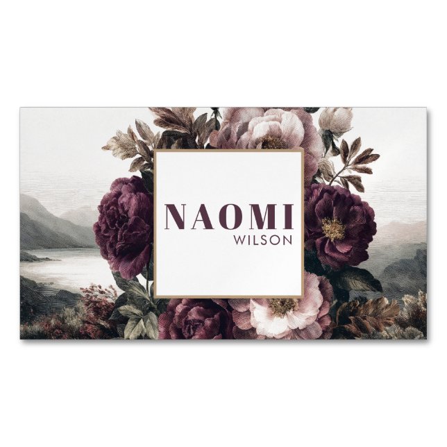 Gothic Purple Peony Lake Landscape Gold Frame Magnetiska Visitkort (Framsida)