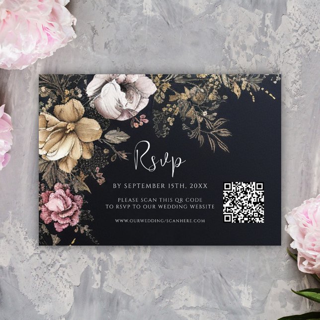 Gothic QR-Blommigt Black Bröllop OSA Kort (Gothic QR Code Floral Black Wedding RSVP Card)