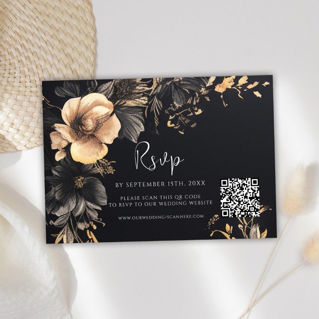 Gothic QR-kod Blommigt Bröllop OSA Kort (Gothic QR Code Floral Wedding RSVP Card)