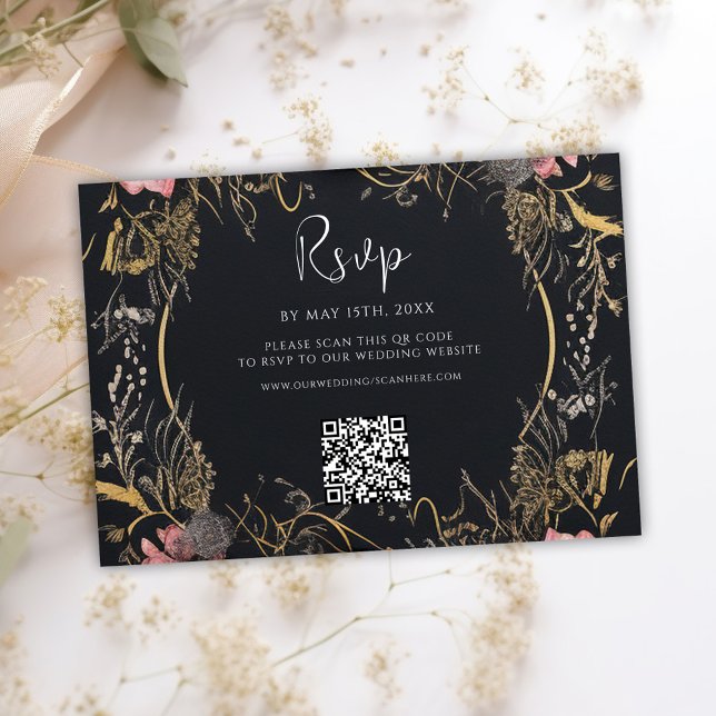 Gothic QR-kod Skull Blommigt Bröllop OSA Kort (Gothic QR Code Skull Floral Wedding RSVP Card)