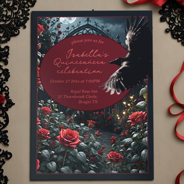 Gothic Quinceanera Mörk Röd ros Garden & Raven Inbjudningar (Gothic quinceanera dark romance birthday invitation with  full moon, red rose garden and black raven)