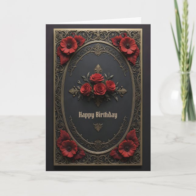 Gothic Ram med Red Flowers Birthday Kort (Framsida)