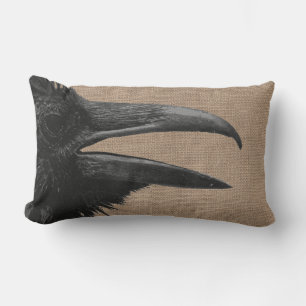 Gothic Raven Bird & Faux Burlap Lumbarkudde