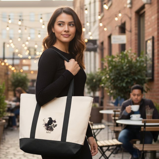 Gothic Raven Dark Academia Everyday Market Tygkasse (Personalized black raven floral tote bag)