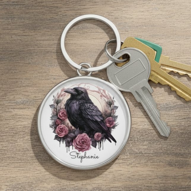 Gothic Raven Dark Academia Floral Rund Silverfärgad Nyckelring (Black raven with roses keychain)