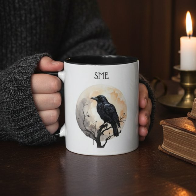 Gothic Raven Dark Academia Full Moon Mugg (Monogram raven coffee mug)