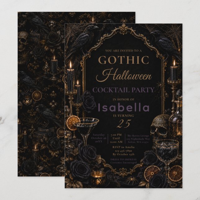 Gothic Raven Halloween-fest Inbjudningar (Fram/baksida)