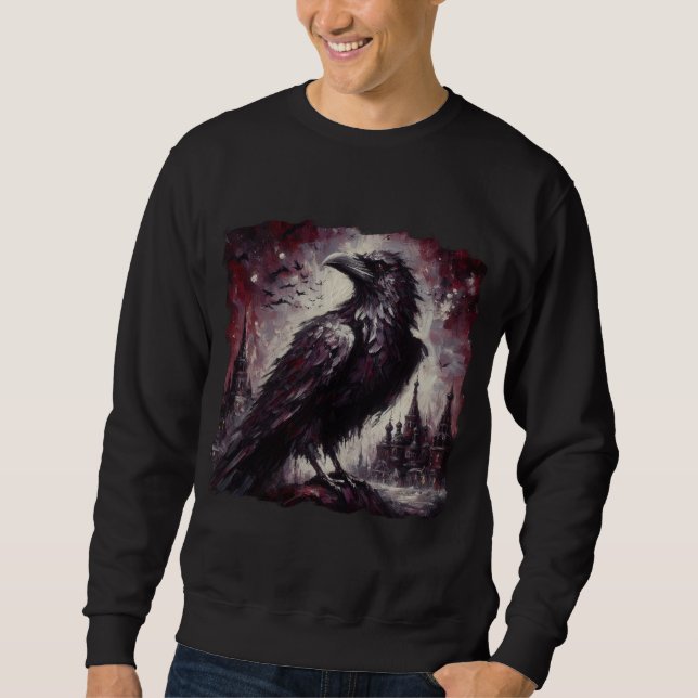 Gothic Raven Kråka Bird Painting Black Art Lång Ärmad Tröja (Framsida)