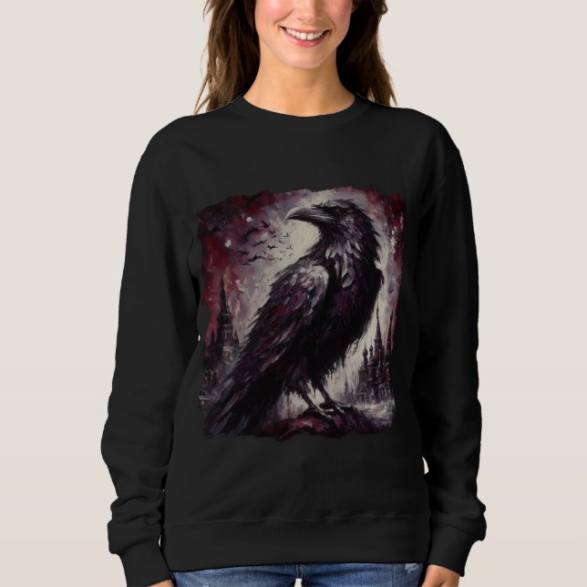Gothic Raven Kråka Bird Painting Black Art T Shirt (Framsida)