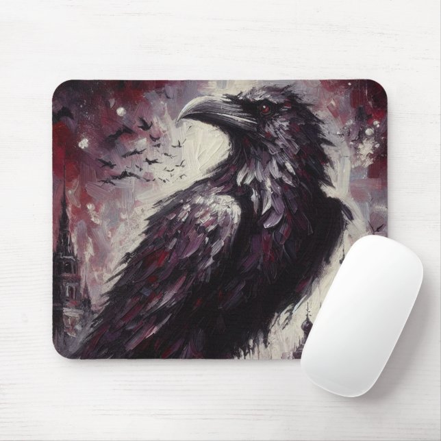 Gothic Raven Kråka Bird Painting Black Grått Musmatta (Med mus)
