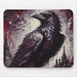 Gothic Raven Kråka Bird Painting Black Grått Musmatta
