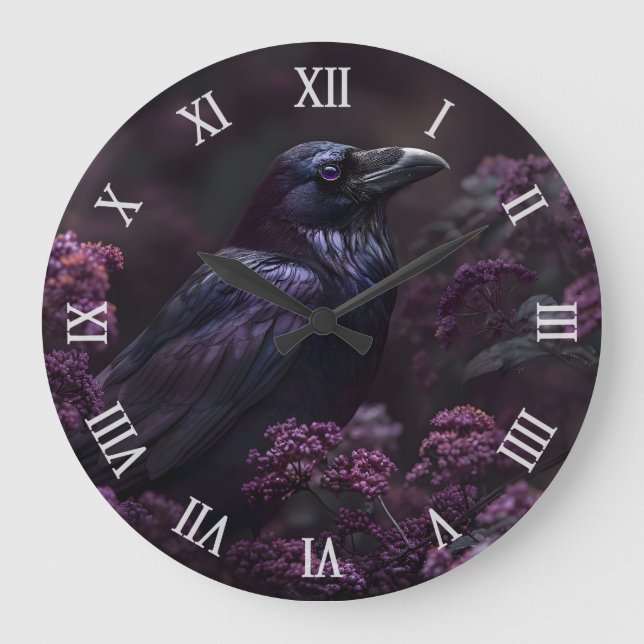 Gothic Raven Lila blommor Stor Klocka (Framsida)