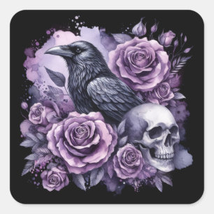 Gothic Raven Lila Ro Skull Fyrkantigt Klistermärke