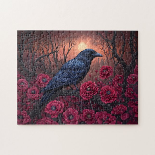 Gothic Raven med Mörk Red Poppies Pussel (Horisontell)