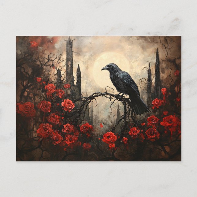 Gothic Raven med Mörk Röd ros Vykort (Framsida)