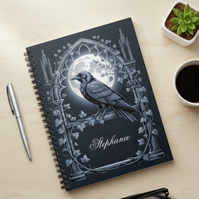 Gothic Raven Moon Dark Academia Anteckningsbok (Dark academia personalized photo notebook)