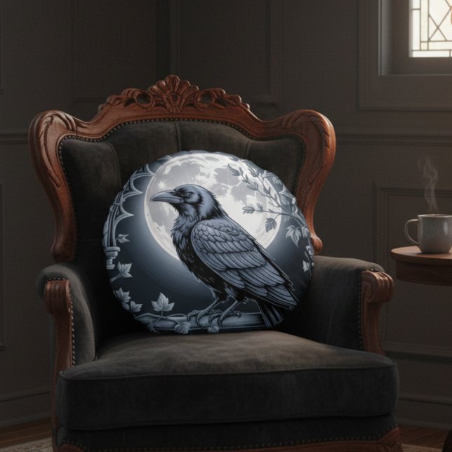 Gothic Raven Moon Dark Academia Home Decor Rund Kudde (Black raven throw pillow)