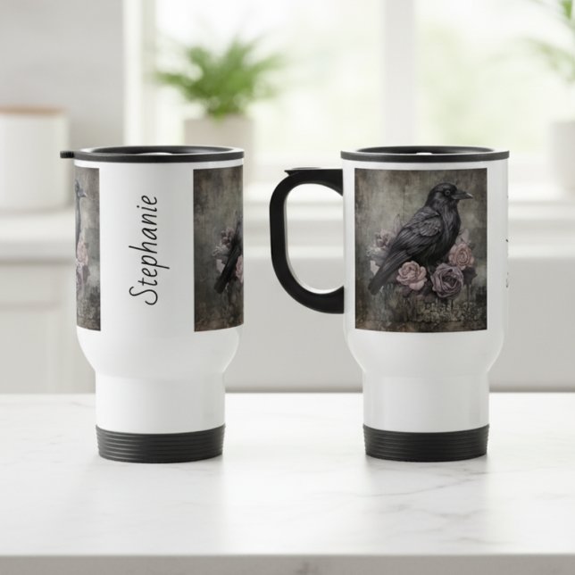 Gothic Raven Mörk Akademisk Floral Resemugg (Personalized vintage raven with roses travel mug)