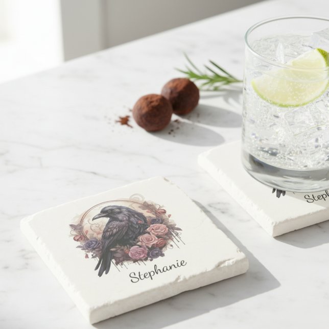 Gothic Raven Mörk Akademisk Floral Stenunderlägg (Gothic raven dark academia floral stone coaster)