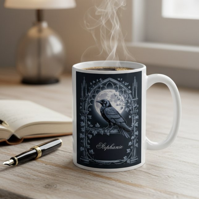 Gothic Raven Mörk Akademisk Måne Kaffemugg (Black gothic personalized raven coffee mug
)