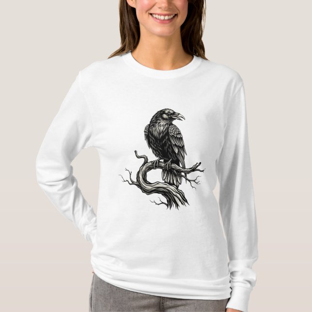 Gothic Raven på Träd Gren-Mörk Halloween T Shirt (Framsida)
