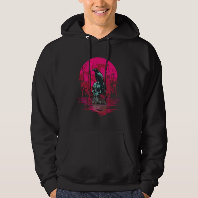 Gothic Raven Skull Red Moon Black Crow Hoodie (Framsida)