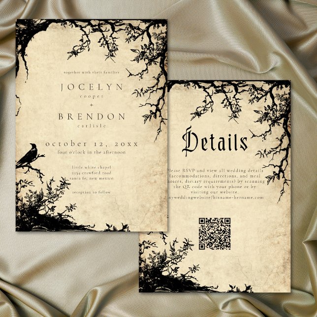 Gothic Raven Träd Gravyr Pergament Tan Bröllop Inbjudningar (Gothic Raven Tree Engraving Parchment Tan Wedding Invitation)