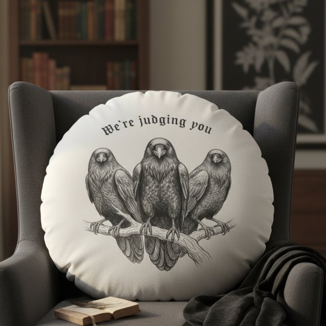 Gothic Raven Trio Domedag Dark Academia Rund Kudde (Funny raven round pillow)
