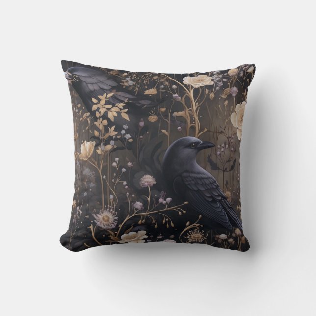 Gothic Ravens & Flowers Mönster Kudde (Framsida)