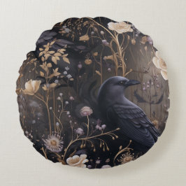 Gothic Ravens & Flowers Mönster Rund Kudde