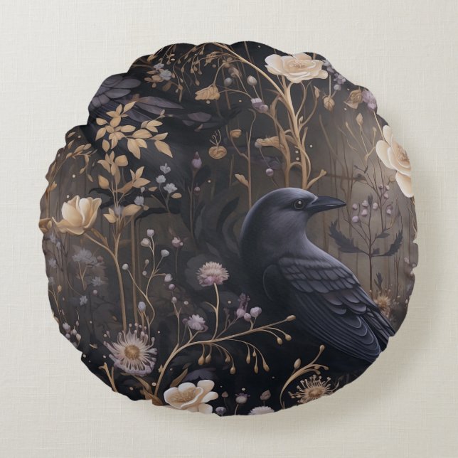 Gothic Ravens & Flowers Mönster Rund Kudde (Framsidan)