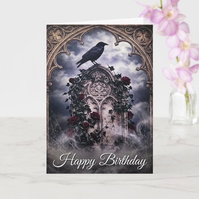 Gothic Ravens & Roses Tombstone Birthday Card Kort (Orkide)