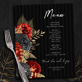 Gothic Red and Black Blommigt Bröllop Menu Flyer