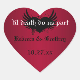 Gothic Red and Black Winged Heart Bröllop Sticker Hjärtformat Klistermärke