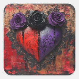 Gothic Red and Lila Heart with Flowers Fyrkantigt Klistermärke