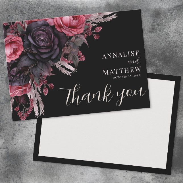 Gothic Red Black Blommigt Bröllop Tack Kort (Gothic Red Black Floral Wedding Thank You Card)